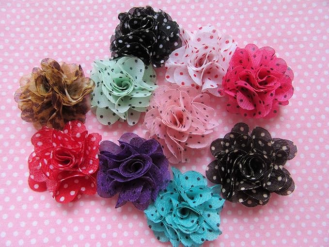 YYCRAFT 30 pcs Chiffon Flower with Dots Prints for Baby Girls Flower Headband Bows DIY Craft,Party Decoration(1.5",Mix Color)