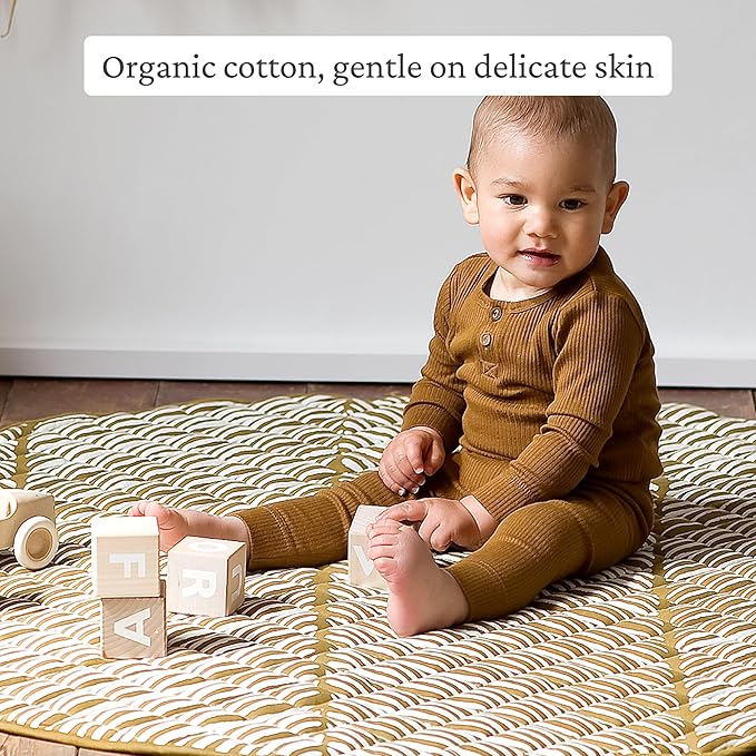 Toddlekind 100% Organic Cotton 48" Reversible Quilted Luxe Play Mat for Babies/Toddlers, Multifunctional, Sand Castle (Ochre/Gold)