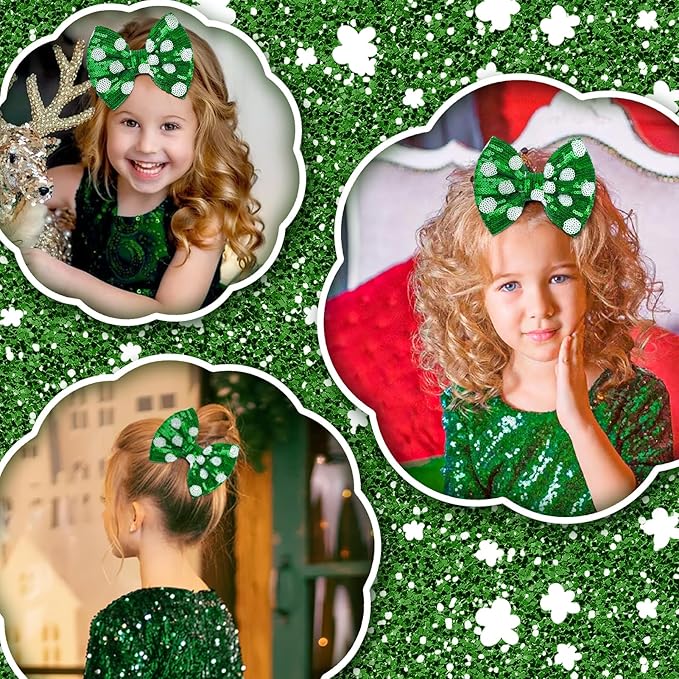 Hair Clip - St. Patrick's Day Sequins Bow, Green Dot, Alligator, for Girls Costume Hair Accessories, 1 Count