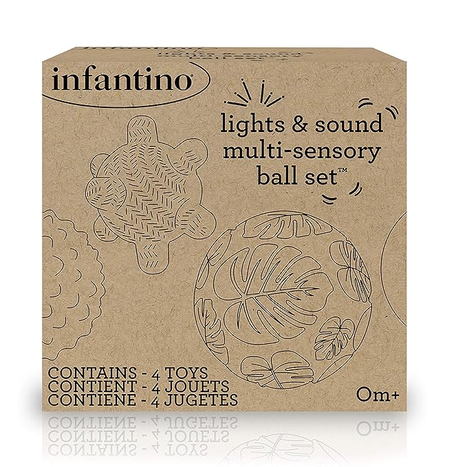Infantino Activity Ball Set Music & Lights - 4 Colorful, Bouncy, & Multi-Textured Balls for Fine Motor Development for Little Hands