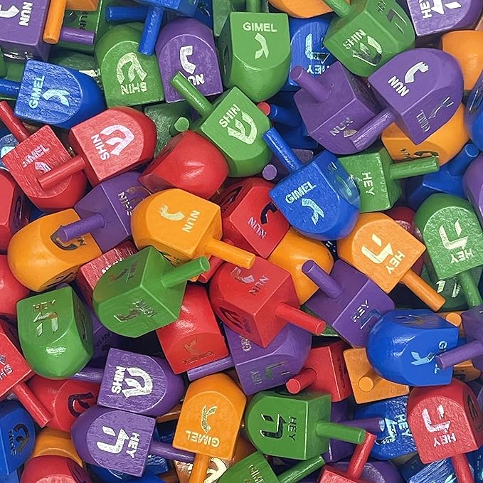 Wood Multi-Colored Dreidels Medium Sized Hanukkah Draydels with English Transliteration (500-Pack)