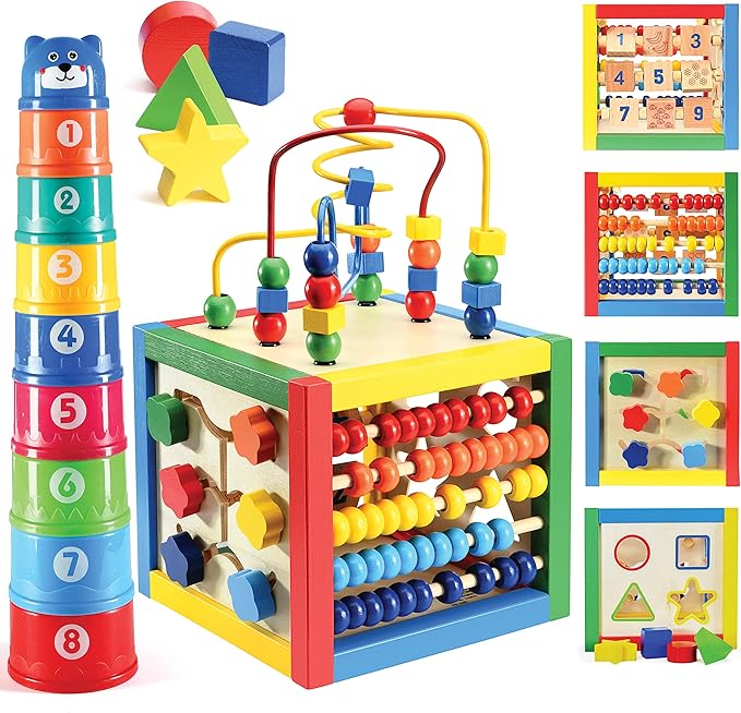 Play22 Wooden Activity Cube for Baby - 6 in-1 Baby Activity Play Cube with Bead Maze, Shape Sorter, Abacus Counting Beads, Counting Numbers, Sliding Shapes, Removable Bead Maze, 8Pcs Stacking Cups