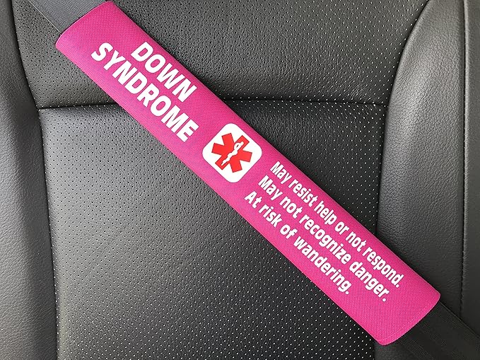 Down Syndrome Medical Alert Seat Belt Cover (Bright Pink)
