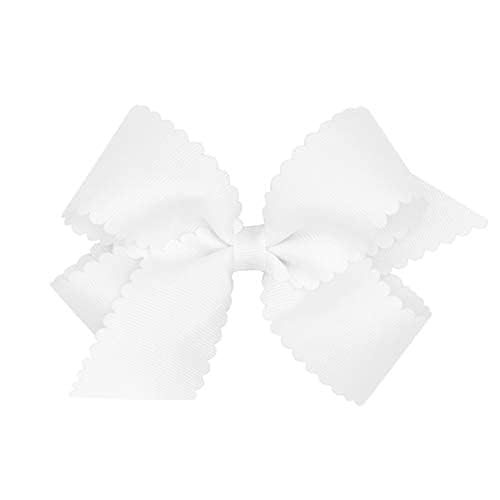 Wee Ones Girls' Classic Grosgrain Hair Bow with Scalloped Edges, No-Slip Hair Clip, Handmade, White, Medium
