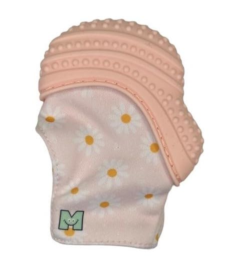 Malarkey Kids Baby Teething Mitten, Munch Mitt Baby Chew Toy - Protects Hands from Chewing & Saliva, Heals Aching Gums, Promotes Sound & Visual Stimulation for Babies Up to 1-Year-Old (Pink Daisies)
