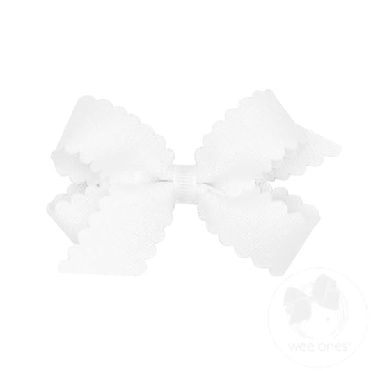 Wee Ones Girls' Classic Grosgrain Hair Bow with Scalloped Edges and Plain Wrap Center on a WeeStay Hair Clip, Mini, White