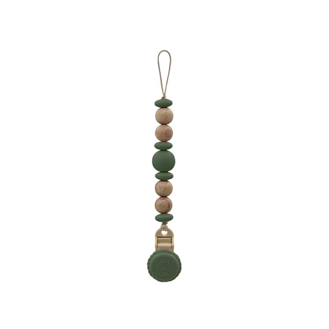 Silicone Pacifier Clip – Metal-Free, Rust-Free, 100% Food-Grade Silicone and Natural Beech Wood, Secure Pacifier Holder – Olive - Mila & Lulu