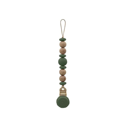 Silicone Pacifier Clip – Metal-Free, Rust-Free, 100% Food-Grade Silicone and Natural Beech Wood, Secure Pacifier Holder – Olive - Mila & Lulu