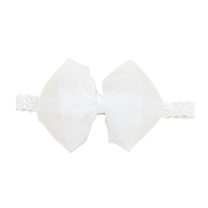 Baby Girls Lace Bow Headband Cute Chiffon Bow-Knot Toddler Hairband Elastic Soft Lace Infants Birthday Party Hair Accessories (White-2, One size)