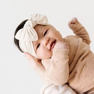 Baby Bling Bows - Newborn to Little Baby Girl Bows, 2 Pack Nylon Super Soft Stretchy Knot Toddler Headbands, Perfect Hair Accessories Head Bands for Infant Kids (Fawn & Oatmeal)