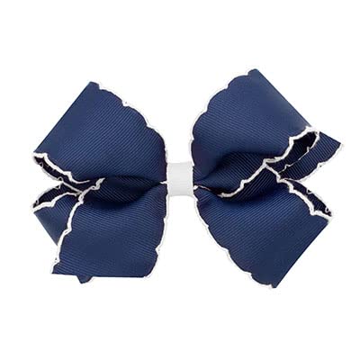 Wee Ones Girls' Classic Grosgrain Moonstitch Edge Hair Bow, No-Slip Hair Clip, Handmade, Navy with White, Medium