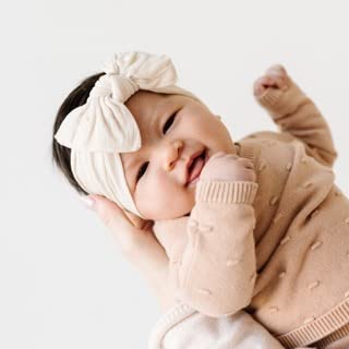 Baby Bling Bows - Newborn to Little Baby Girl Bows, 2 Pack Nylon Super Soft Stretchy Knot Toddler Headbands, Perfect Hair Accessories Head Bands for Infant Kids(Zinnia & Oatmeal)