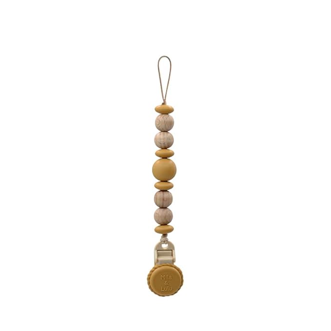 Silicone Pacifier Clip – Metal-Free, Rust-Free, 100% Food-Grade Silicone and Natural Beech Wood, Secure Pacifier Holder for Babies – Sun - Mila & Lulu