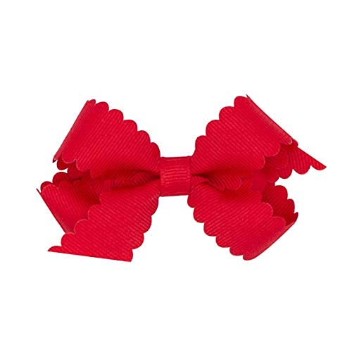 Wee Ones Girls' Classic Grosgrain Hair Bow with Scalloped Edges, No-Slip Hair Clip, Handmade, Red, Medium