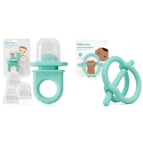 Frida Baby Push Pop Feeder, Baby Fruit Feeder + Get-A-Grip Teether Teething Toy | 100% Food-Grade Silicone Food Pacifier & Teether Toy for Baby 0-6, 12, 18 Months Infant, (Teal)