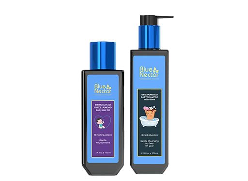 Blue Nectar Baby Shampoo for Kids with Natural Ghee | No Tear Formula (6.76Fl Oz) with Baby Hair Oil with Organic Ghee, Almond Oil, Coconut Oil (3.38Fl Oz)