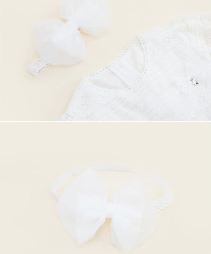 Baby Girls Lace Bow Headband Cute Chiffon Bow-Knot Toddler Hairband Elastic Soft Lace Infants Birthday Party Hair Accessories (White-2, One size)