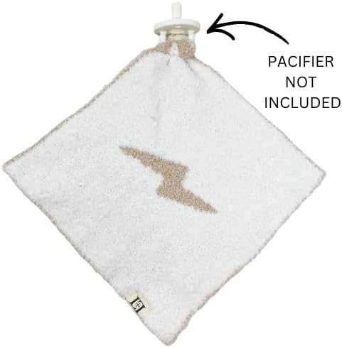 L+L USA Lightning Bolt Baby Lovey Pacifier/Teether Holder 10"x10" - DreamSoft Plush Fluffy Cuddly Soothie Reversible Mini Comfort Blanket - Cute Newborn Gift Essential Babies Boys Girls (Tan/White)