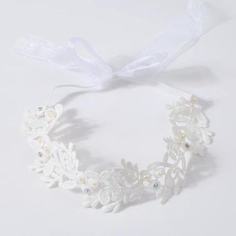 Baby Girls Hairband White Bow Lace Headbands Handmade Soft Stretchy Wide Head Band Newborn Hairbands with Bows Pearls Elastic Headband for Infant Hair Accessories（White Flowers）