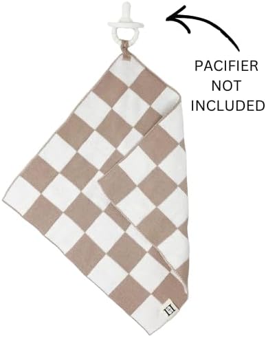 L+L USA Checkered Baby Lovey 100% Organic Cotton Knit Pacifier/Teether Holder 11"x11" - DreamSoft Cuddly Soothie Mini Comfort Blanket - Newborn Gift Essential Babies Boys Girls (Tan/White)