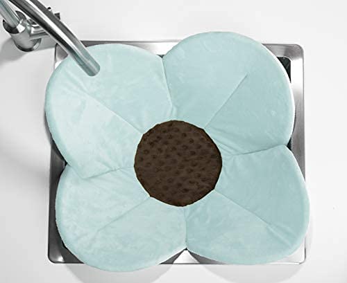 Blooming Bath Poppy Flower Bath Mat - Sink Bathtub Cushion for Baby - Plush Minky Fabric for Newborn to 6 Months - Washer-Safe Infant Newborn Essentials - Baby Shower Gifts for New Mom (Seafoam/Brown)