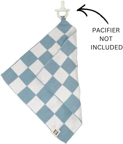 L+L USA Checkered Baby Lovey 100% Organic Cotton Knit Pacifier/Teether Holder 11"x11" - DreamSoft Cuddly Soothie Mini Comfort Blanket - Newborn Gift Essential Babies, Toddlers Boys Girls (Blue/White)