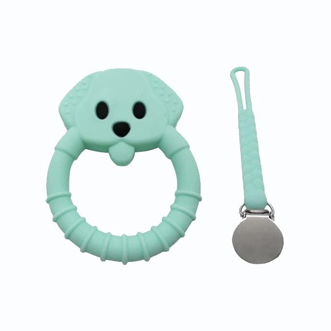 Gadgetime USA Baby Teething Toy Set - Includes Green Pacifier Clip & Bear Teether - Silicone Chew Toys for Infants Newborns - BPA Free Freezer Safe
