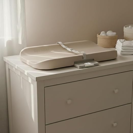2-in-1 Baby Changing Pad with Integrated Scale, Contoured Wipe-Clean Foam, Non-Porous Waterproof Surface, Digital Baby Weighing Pad for Routine Changes, Safety Strap, Neutral Nursery Essential