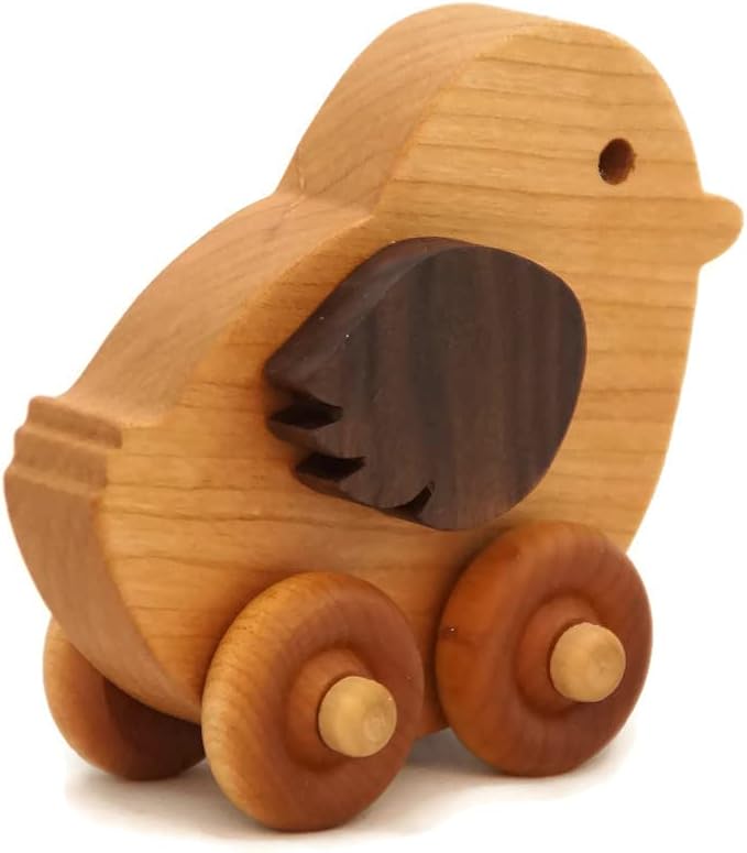 Wooden Chicken Toy Car – Easter Basket Gift for Toddlers & Kids, Handmade Wooden Push Toy, Natural Wood Farm Animal Toy
