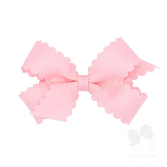 Wee Ones Girls' Classic Grosgrain Hair Bow with Scalloped Edges, No-Slip Hair Clip, Handmade, Light Pink, Mini