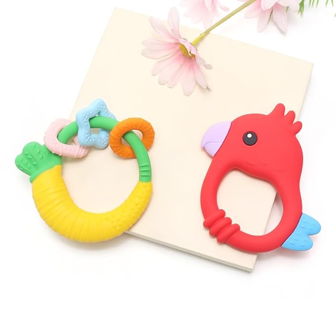 Baby Teether with Easy-Hold Handle, Silicone, BPA-Free, Soothe Sore Gums, Textured for Sensory Development, Teethable Surfaces - Baby Teething Toy for 3 Months & Up (Raddish and Bird)