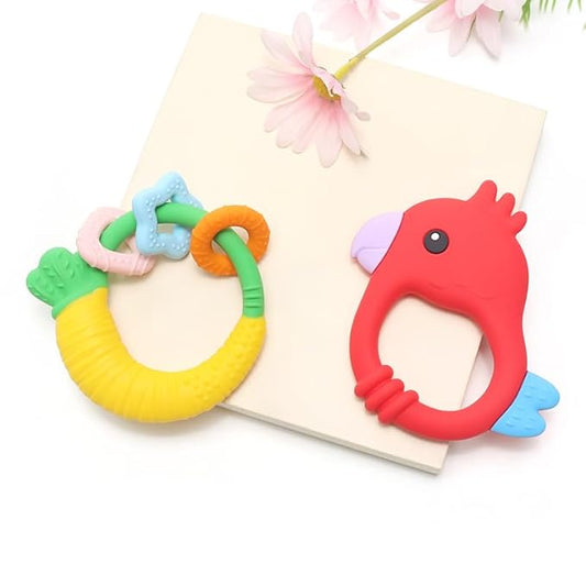 Baby Teether with Easy-Hold Handle, Silicone, BPA-Free, Soothe Sore Gums, Textured for Sensory Development, Teethable Surfaces - Baby Teething Toy for 3 Months & Up (Raddish and Bird)
