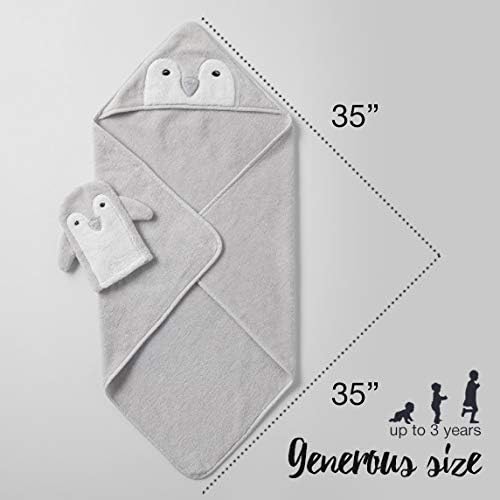 Happy & Sweet Baby Gift Set - Bamboo Viscose Hooded Penguin Bath Towel, Mitt Washcloth, and Squirt Bath Toy for Boys and Girls - Gray - Bonus eBook Included