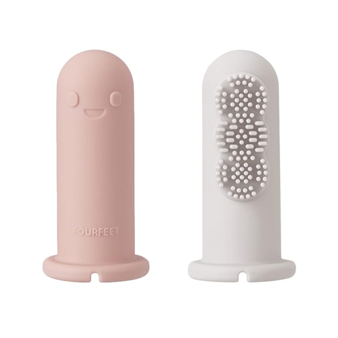 Fourfeet Dino Finger Toothbrush | Baby Silicone Oral Care Brush | Toddler Gum Cleaner | BPA Free Soft Bristles | Easy Drying Air Vent | Food Grade Material | Made in Korea - Beige + Grey (2PCS)