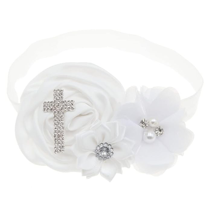 BBTDIN Baptism Christening Headbands Baby Girls Flower Lace Hair Hand White Bow BBG11 (B3-Cross Set)