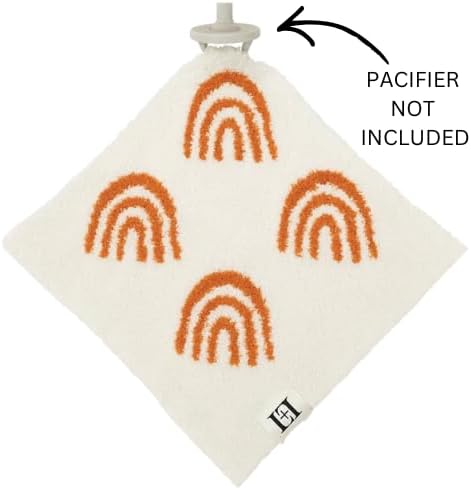 L+L USA Rainbow Baby Lovey Pacifier/Teether Holder 10"x10" - DreamSoft Plush Fluffy Cuddly Soothie Reversible Mini Comfort Blanket - Cute Newborn Gift Essential Babies Boys Girls (Rust Orange/White)