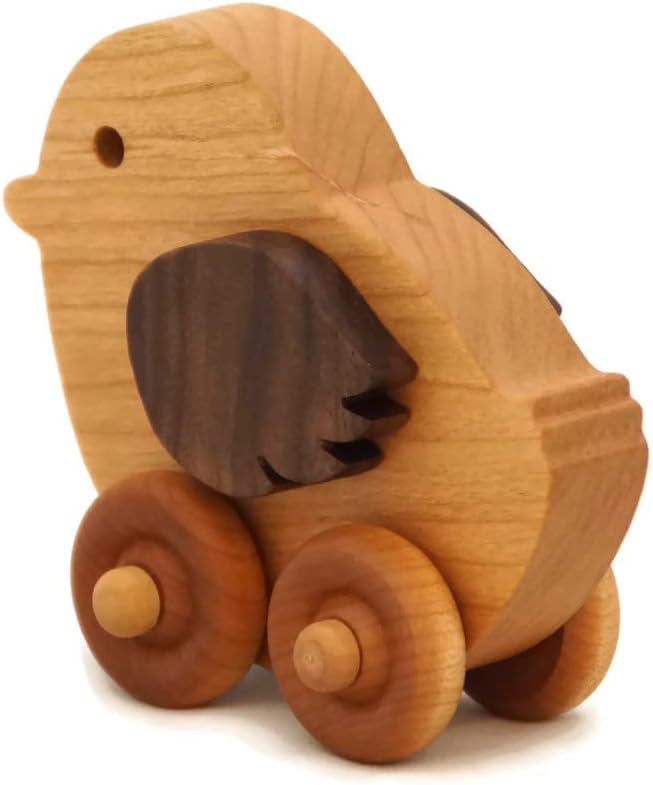 Wooden Chicken Toy Car – Easter Basket Gift for Toddlers & Kids, Handmade Wooden Push Toy, Natural Wood Farm Animal Toy
