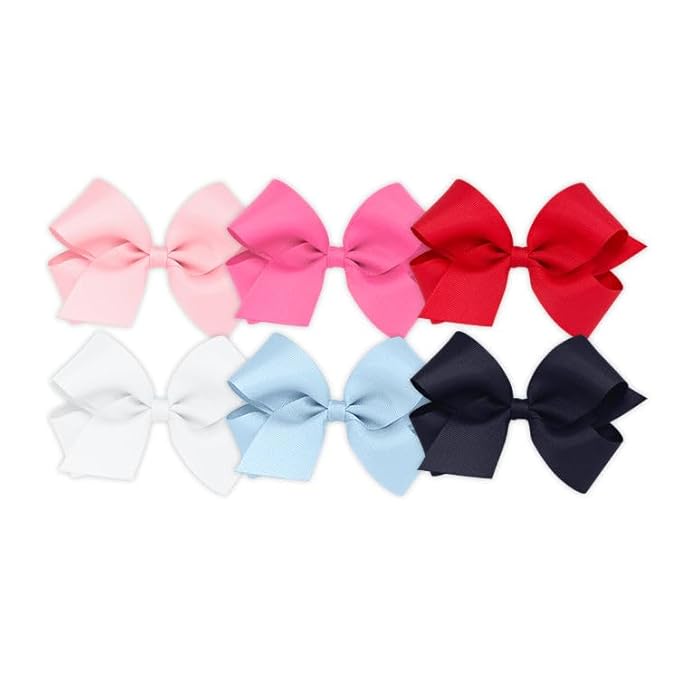 Wee Ones Girls' 6 Piece Set of Bows, Solid Grosgrain Variety Pack on a WeeStay No-Slip Hair Clip, Medium, White, Millennium Blue, Navy, Light Pink, Hot Pink, Red