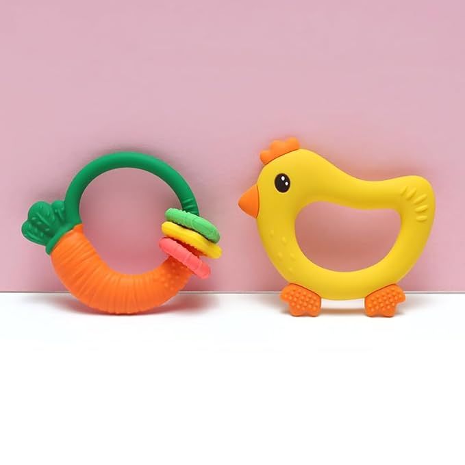 Baby Teether with Easy-Hold Handle, Silicone, BPA-Free, Soothe Sore Gums, Textured for Sensory Development, Teethable Surfaces - Baby Teething Toy for 3 Months & Up (Carrot and Chicken)