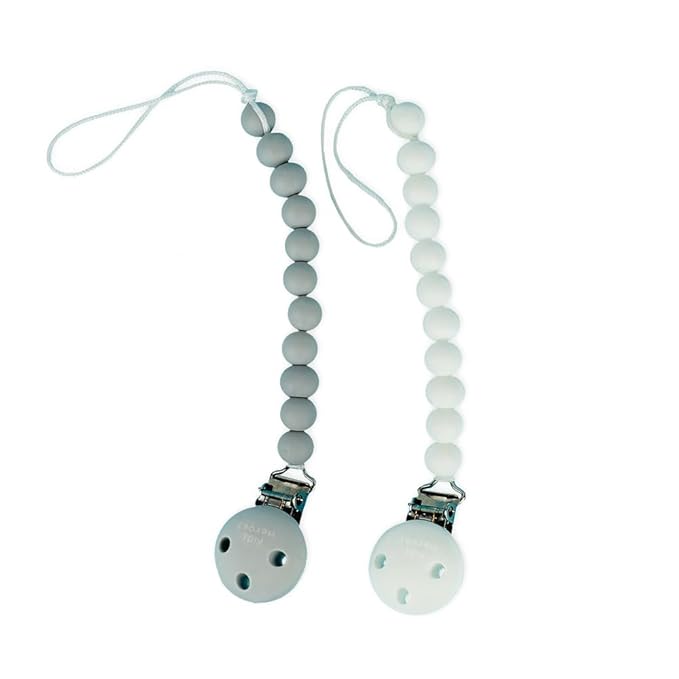 Kids Heroes Silicone Pacifier Holder Clip with One Piece Design for Baby, 2 Pack (White and Grey)