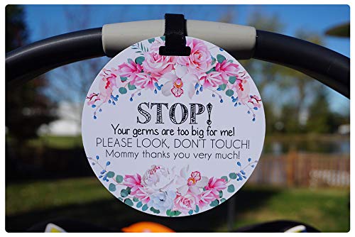 (Three Little Tots) No Touching Baby Car Seat and Stroller Two Pack- Baby Safety No Touching Car Seat Sign, Stroller Sign, Newborn Car Seat Tag- CPSIA Safety Tested (Flower/Eucalyptus)