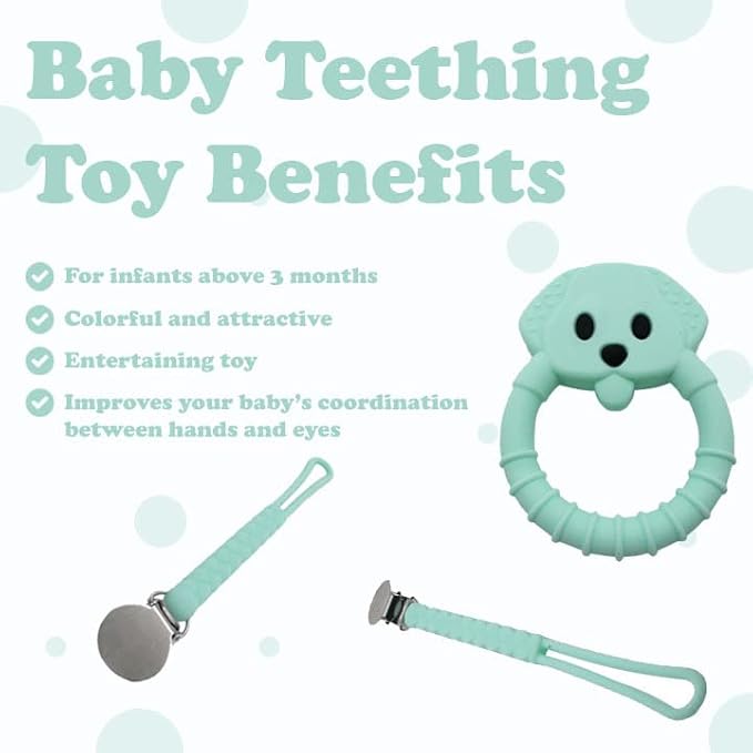 Gadgetime USA Baby Teething Toy Set - Includes Green Pacifier Clip & Bear Teether - Silicone Chew Toys for Infants Newborns - BPA Free Freezer Safe