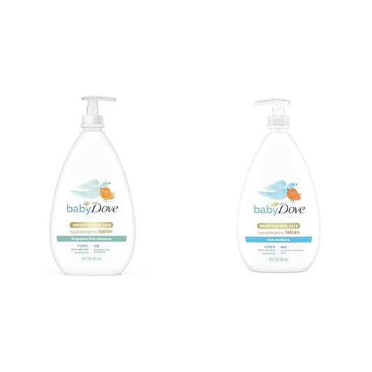 Baby Dove Face and Body Lotion for Sensitive Skin Moisture Fragrance-Free Baby Lotion 20 oz & Rich Moisture Face and Body Lotion 24-Hour Moisturizer 20 fl oz Bundle
