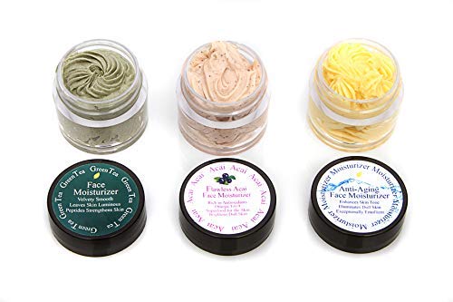 3-1/4 oz Sample Size Face Moisturizers. Anti-Aging, Green Tea Moisturizer, and Acai Face Moisturizer. Great for Mature Skin to help Smooth Wrinkles.