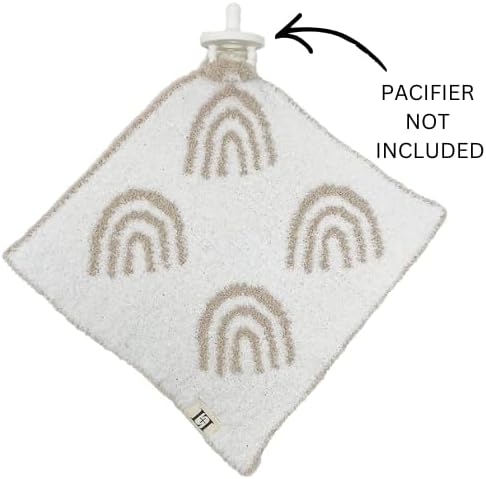 L+L USA Rainbow Baby Lovey Pacifier/Teether Holder 10"x10" - DreamSoft Plush Fluffy Cuddly Soothie Reversible Mini Comfort Blanket - Cute Newborn Gift Essential Babies Boys Girls (Tan/White)