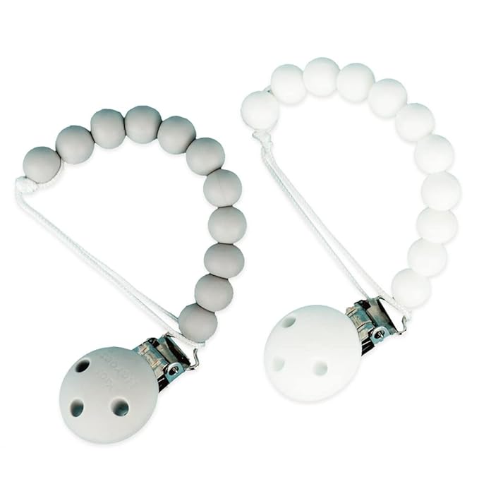 Kids Heroes Silicone Pacifier Holder Clip with One Piece Design for Baby, 2 Pack (White and Grey)