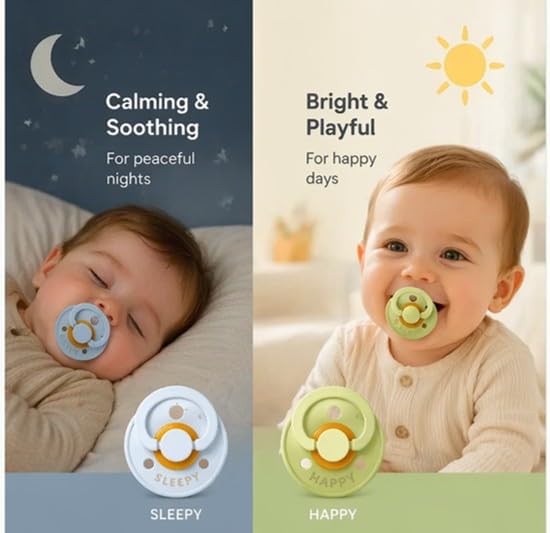 RABENS Silicone Pacifiers 2 Pack Happy & Sleepy Design BPA Free Natural Rubber Nipple Emotional Support for Babies 0–36 Months