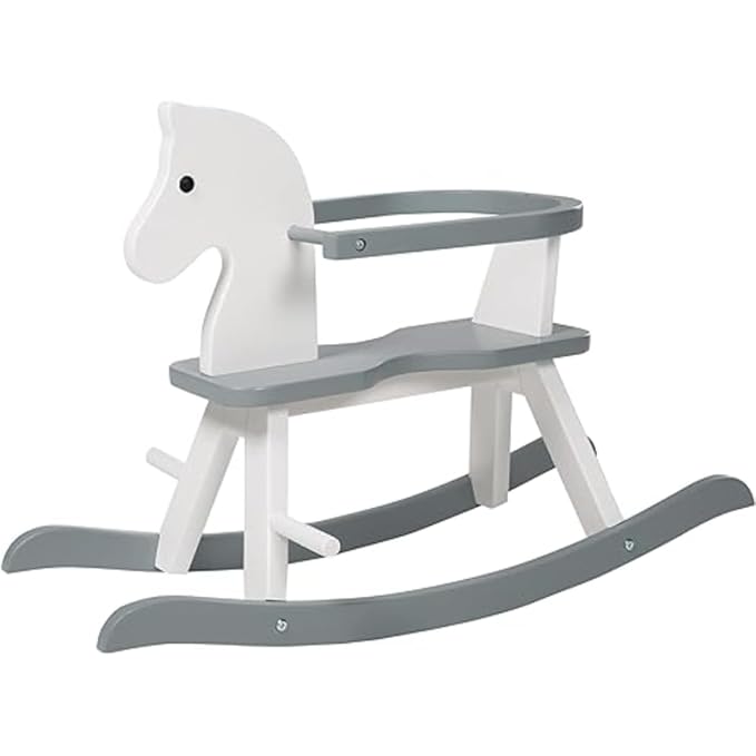 Roba Wooden Rocking Horse - White & Gray - Solid Wood Lacquered, Ride-On, Grows With the Child, Removable Protective Ring, 55 Lb Capacity, For 18+ Months
