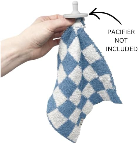 L+L USA Checkered Baby Lovey Pacifier/Teether Holder 10"x10" - DreamSoft Plush Fluffy Cuddly Soothie Reversible Mini Comfort Blanket - Cute Newborn Gift Essential Babies Boys Girls (Steel Blue/White)
