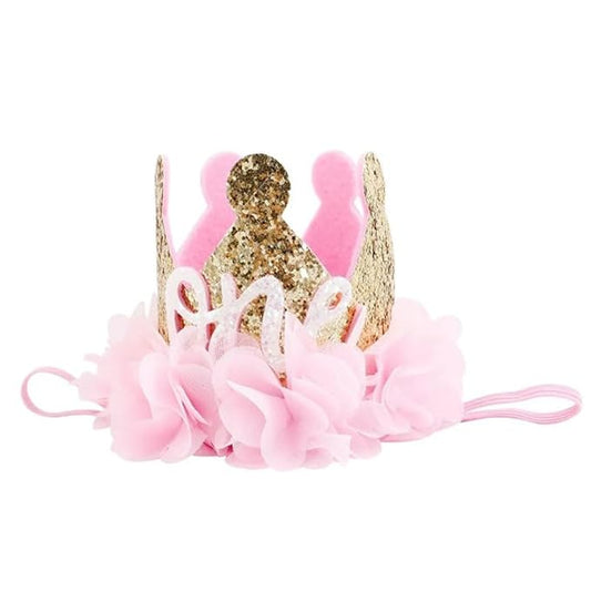 Nishine Gold Glitter Crown Headband Pink Flower Crown Tiara Hairband for Baby Birthday Party Supplies Photo Props (Chiffon&One)